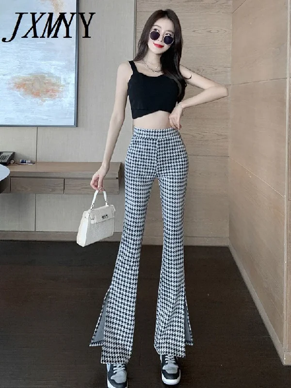 imCharms 2023 Summer Houndstooth Split Fork Drape High Waist Micro La Show Thin Elastic Casual Pants Women's Clothing