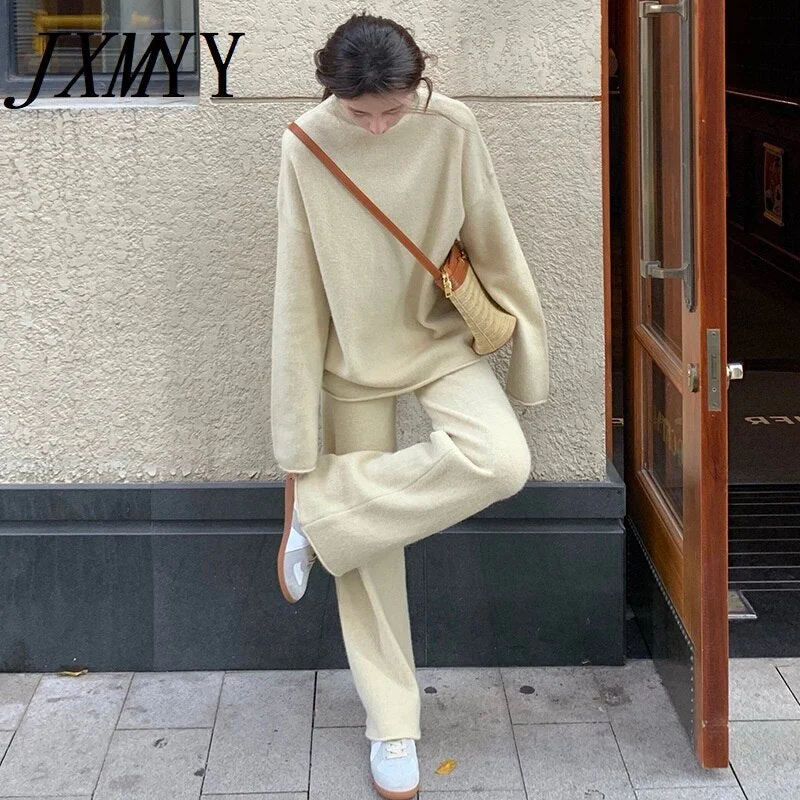 imCharms Autumn And Winter Casual Loose Lazy Style Long-Sleeved Sweater Sweater + Wool Wide-Leg Pants Suit Women