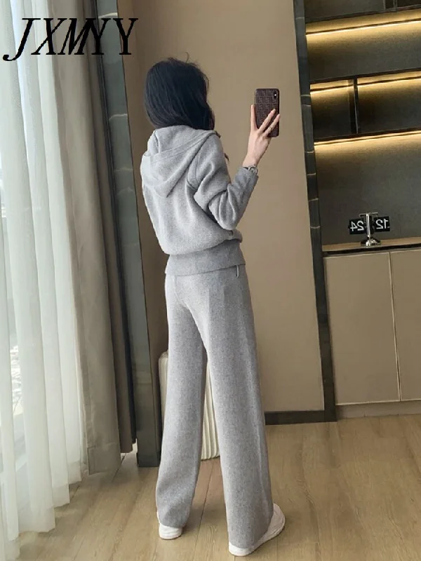 imCharms Autumn and Winter Versatile Casual Hooded Sweater Wide-Leg Pants Two-Piece set Simple Loose Women's Clothing