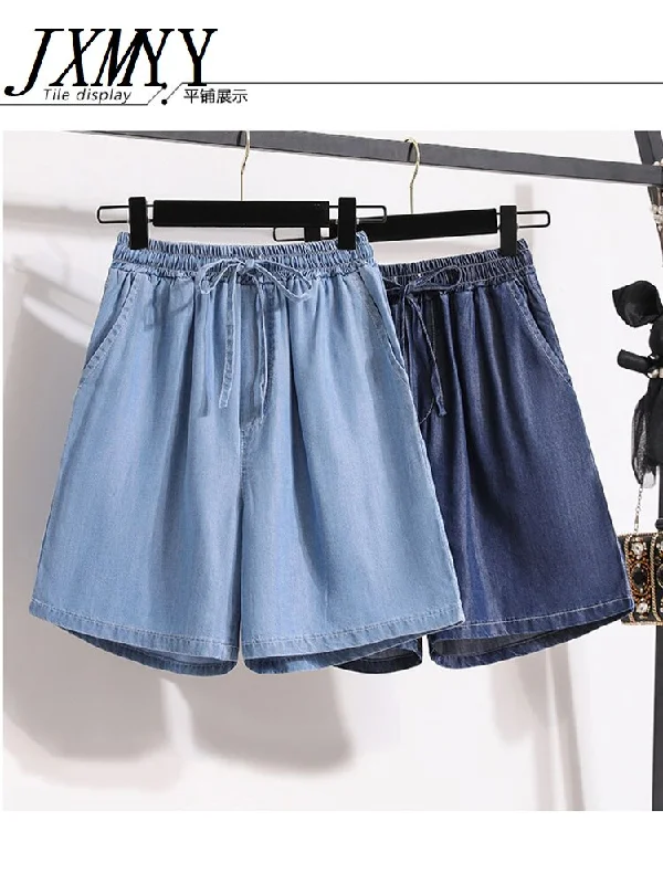 imCharms Casual Denim Washed 2023 Thin Section High Waist Wide Foot Five Pants Large Size Light Color Summer Women's Clothing S-5XL