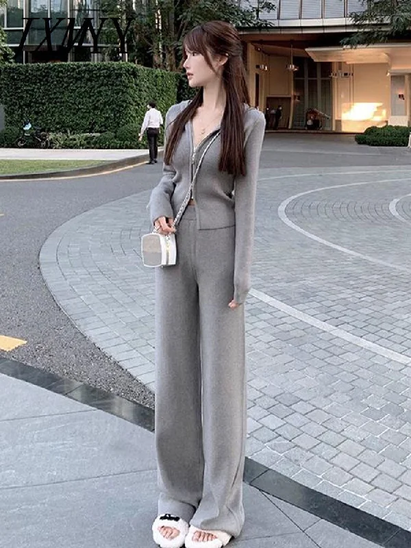 imCharms Chic Wide-Leg Pants Sweater Suit Women's Autumn And Winter Hooded Casual Knitted Socialite Two-Piece Pants