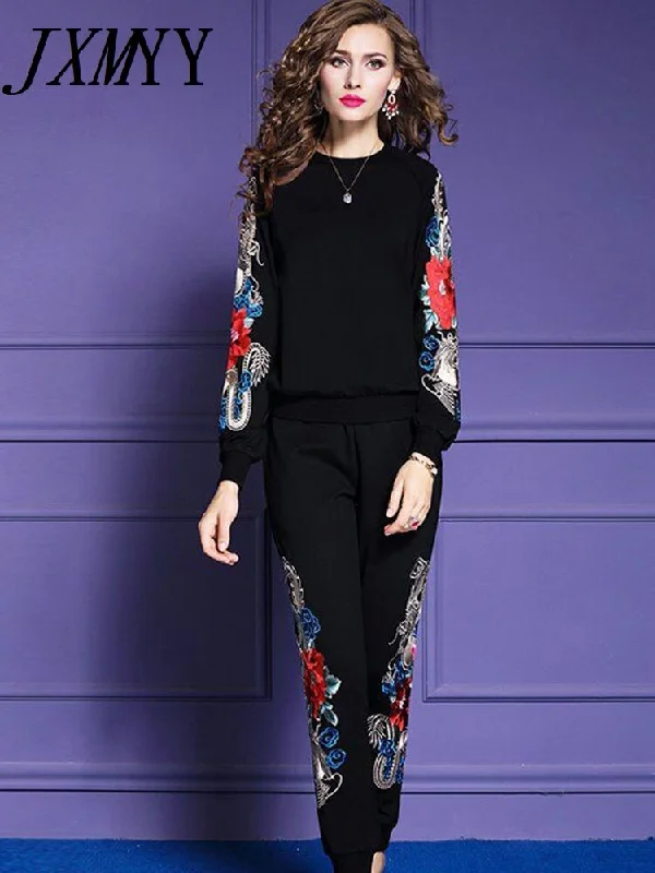 imCharms Chinese Style Embroidered Sports Suit Women's Spring And Autumn Embroidered Large Size Casual Sweater Two-Piece Pants