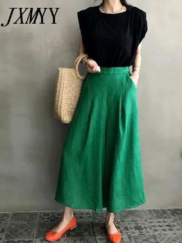 imCharms Elastic Waist Retro Slim High Waist Wide Leg Culottes 2023 Spring And Autumn Casual Loose Linen Big Feet Pants Women