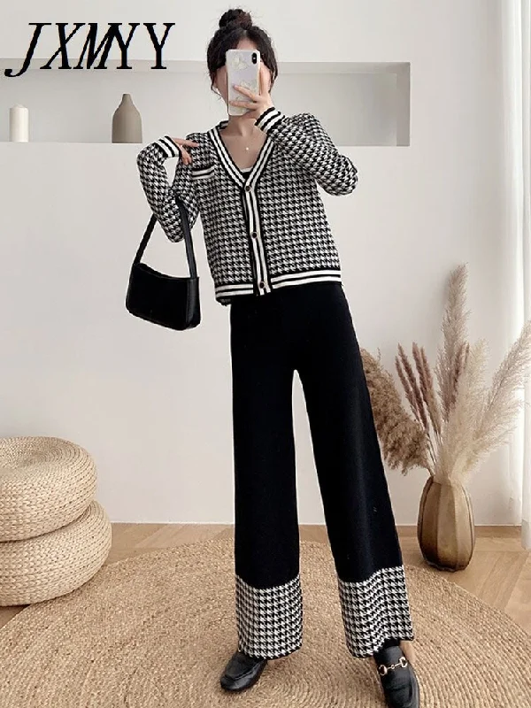 imCharms European Station Elegant Temperament Sweater Knitted Wide-Leg Pants Casual Sweet V-Neck Two-Piece Set