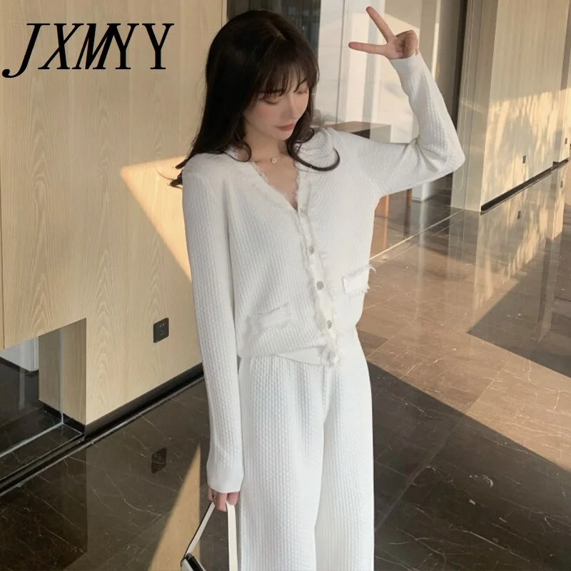 imCharms Knitted Cardigan Jacket Spring 2023 Temperament Wide-Leg Pants Casual Western Style Two-Piece Suit Women