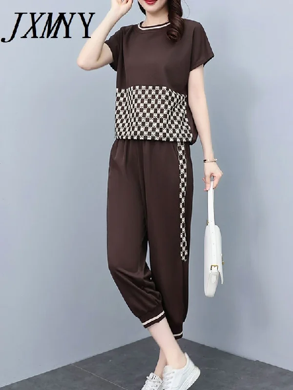 imCharms Large Size Suit Women's 2023 Summer Casual Loose And Thin Printing Stitching Cropped Pants Two-Piece Set