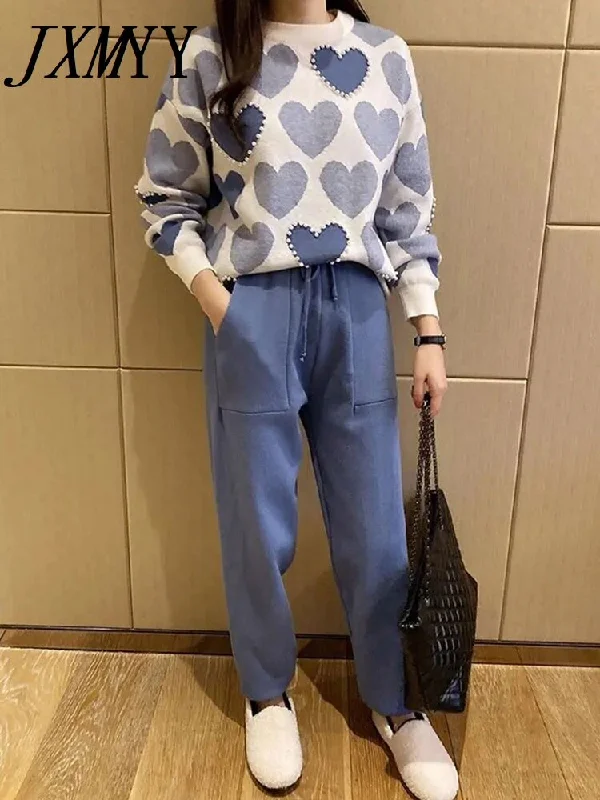 imCharms Love Printed Knitted Two Peice Suit Women Long Sleeve Sweater Tops And Solid Colors Casual Pants Female Suit