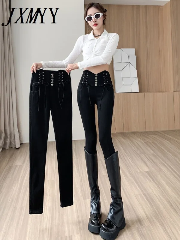 imCharms Spring And Autumn High Waist And Thin Breasted Pencil Pants Women's Casual Black Elastic Slim Pencil Pants