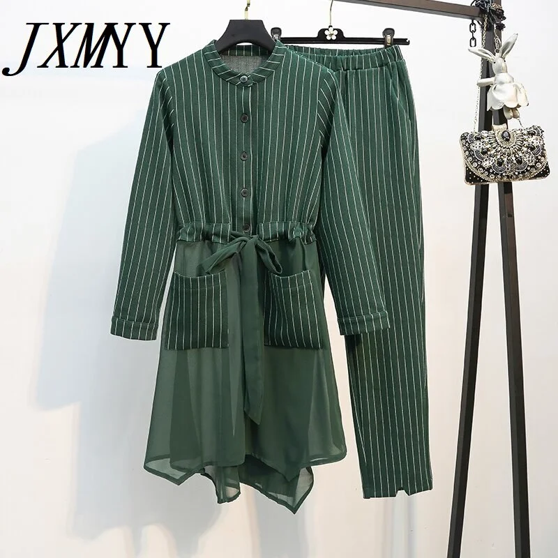 imCharms Women Two Piece Set Spring Striped Long Tops Pants Suit Casual Single Breasted Blouse Elastic Waist Trousers M196