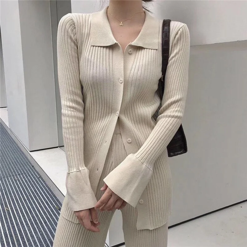 Knitted Cardigan Two Piece Sets Women Slim Sweater Suits Casual Solid Tops Female Fleece Pants Suits Streetwear Outfits