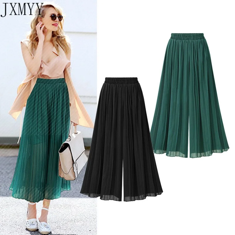 Ladies Solid Color Pleated Loose Chiffon Wide-Leg Pants, Girl Boutique Gorgeous and Comfortable Mid-Waist Casual Trousers