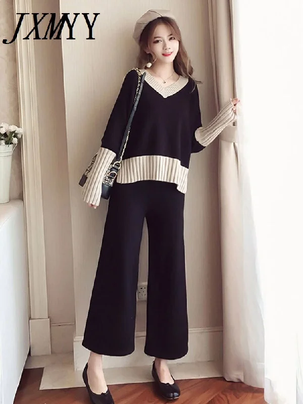 Product Knitted Sweater Suit Women's Autumn And Winter Loose Sweater Slim Wide Leg Pants Suit Casual Two-Piece Set