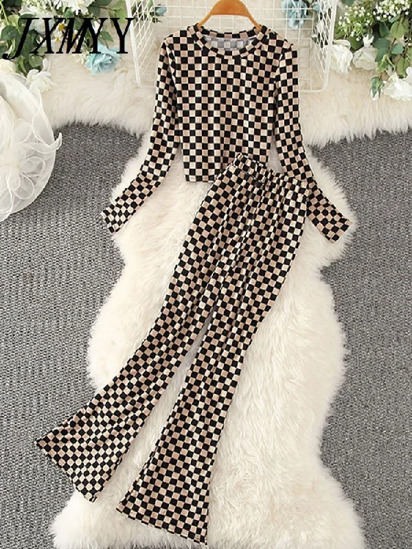 Spring and Autumn Casual Suit Women's Checkerboard High Waist Micro-Flare Long Pants Two-piece Stand Collar Short Top