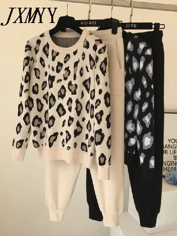 Streetwear Leopard Printed Knit Two Peice Suit Women Long Sleeve O-Neck Sweater Tops + Solid Color Harem Pants Casual Tracksuit