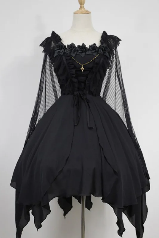 [Ballet of the Dead] Double-Layered Embroidery Lace-Up Gothic Lolita Jsk Dress (Cape Included)