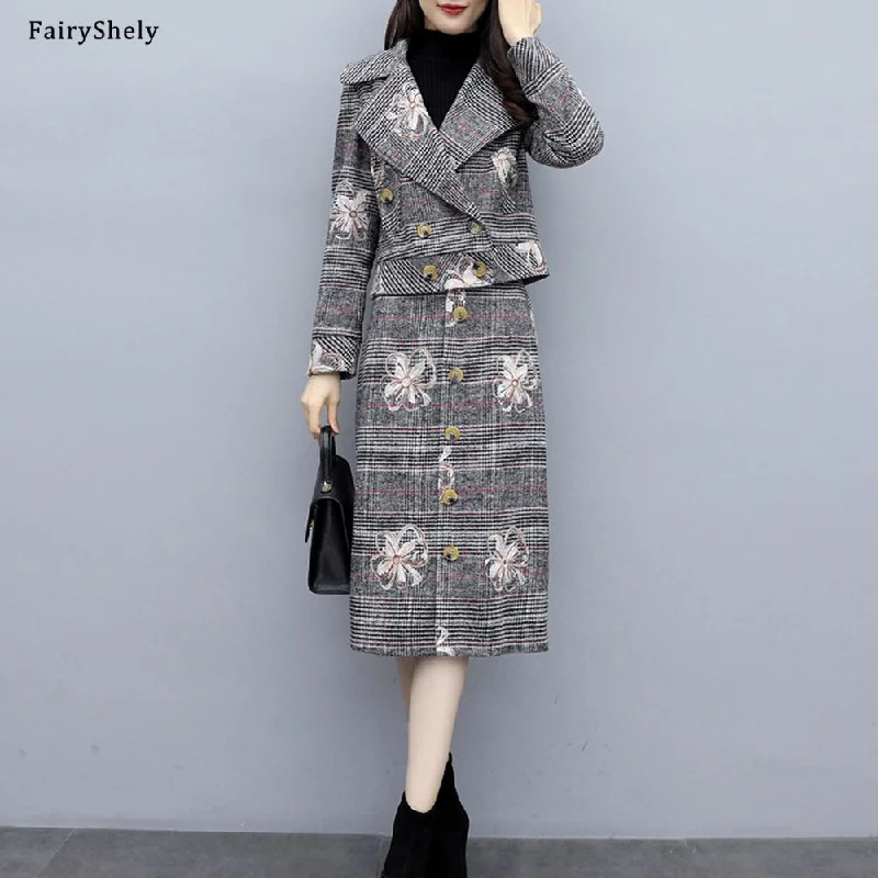 FairyShely Casual Office Ladies Work Skirt Short Coat Suit Women 2022 Autumn Winter Button Woolen Slim Skirt 2 Piece Set