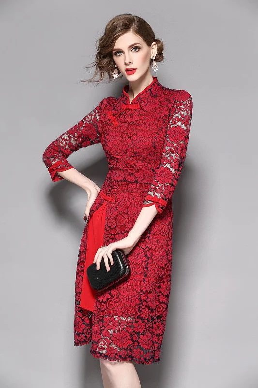 Lace Overlay Qipao Dress