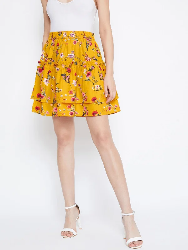 Berrylush Women Yellow Floral Print Layered Slip-On Mini Skirt