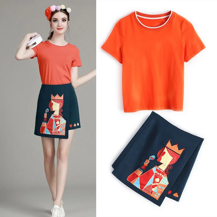 Summer Women's Skirts Suits Red Short Tees And Embroidery Queens Cards Skirts Casual Clothing Sets Woman Tracksuits NS267