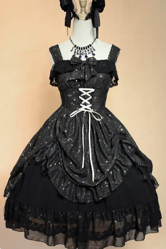 [Wishing Stars] Double-Layered Ruffle Bowknot Lace-Up Gothic Lolita Jsk Dress Version 1