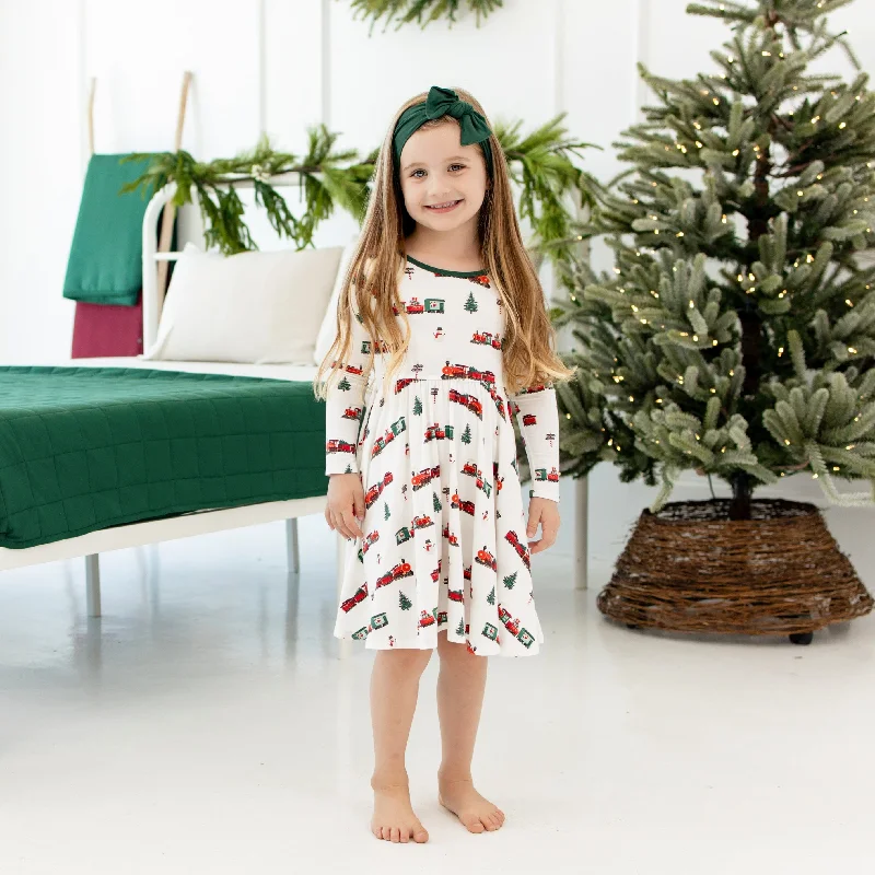 Long Sleeve Twirl Dress in Holiday Train