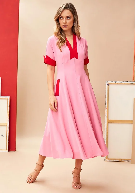 Kate Cooper Contrast A-Line Midi Dress, Pink & Red