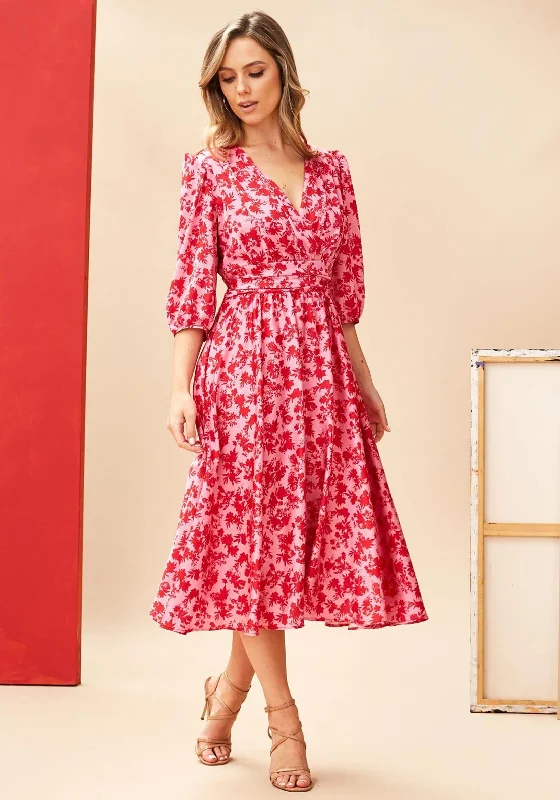 Kate Cooper Floral Banded Waist Midi Dress, Pink & Red