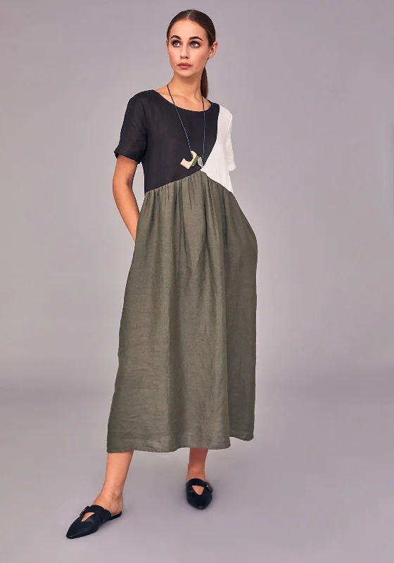 Naya Colour Block Linen Midi Dress, Green