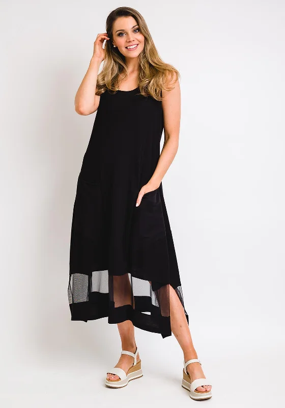 Naya Sleeveless Mesh Panel Midi Dress, Black