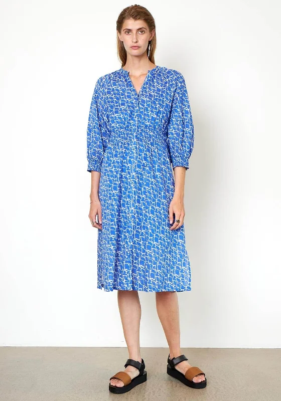 Second Female Dayly Volume Sleeve Shirt Midi Dress, Blue & White