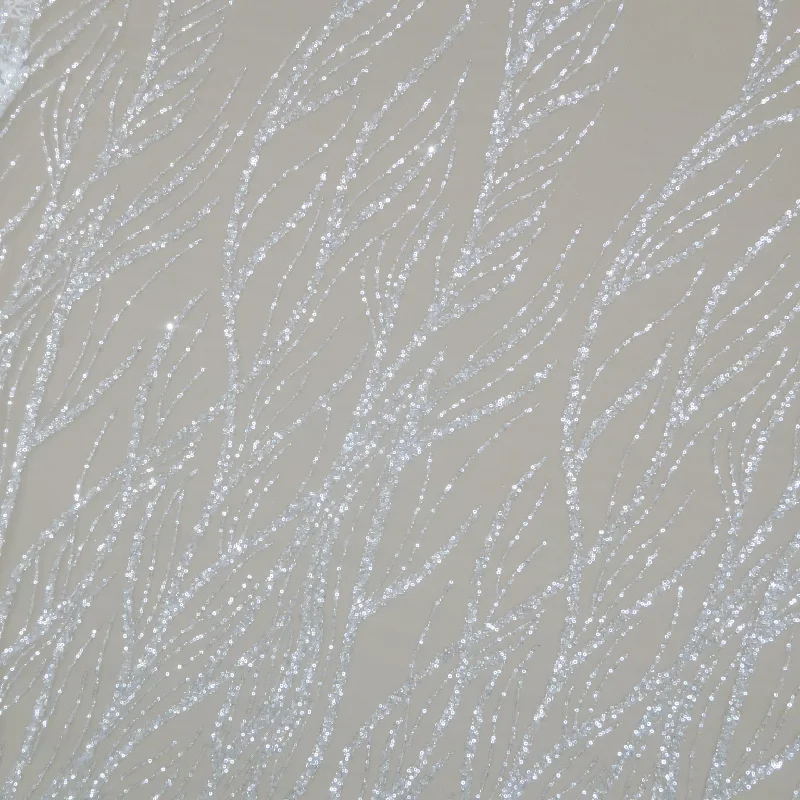 Clear Bugle Beads Branch Form with White Sequin Embroidered on Tulle Fabric