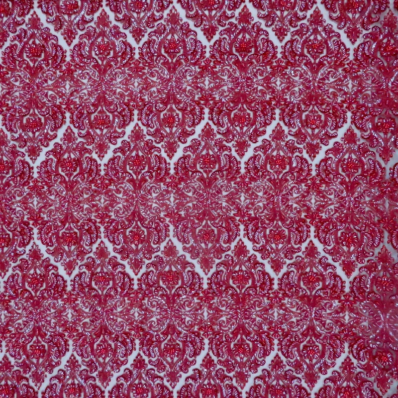 Dark Red Bugle Beads and Sequins Ikat on Embroidered Tulle Fabric