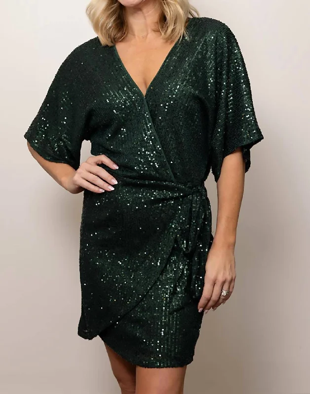 Faux Wrap Sequin Dress In Hunter Green