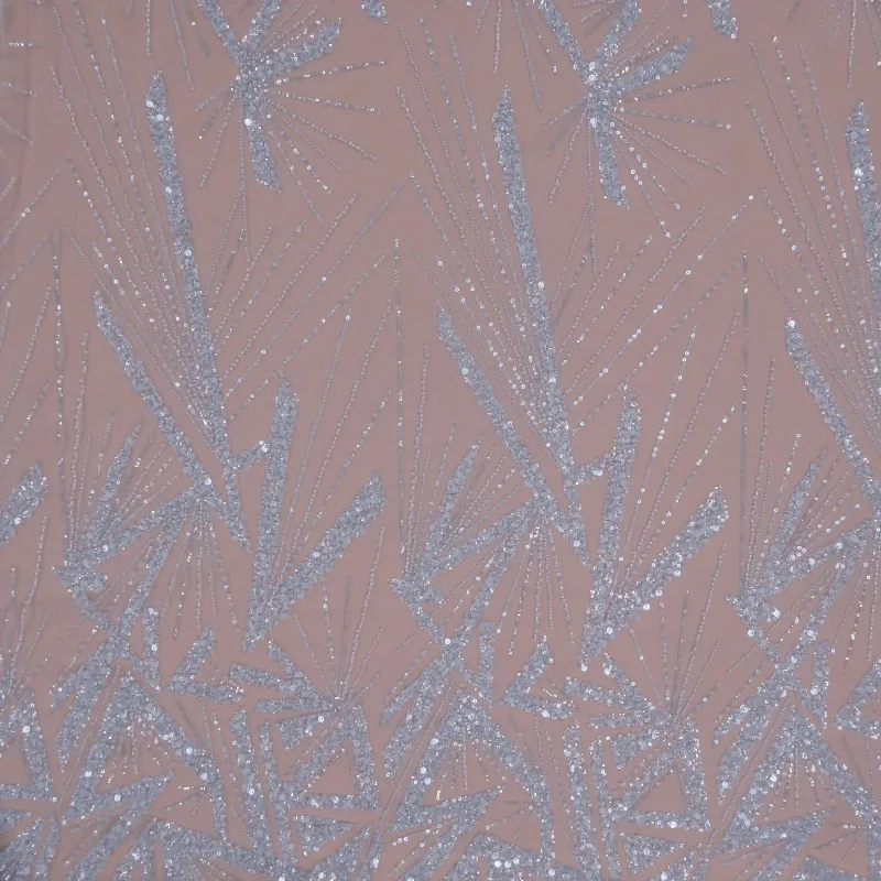 Light Blue Modern Geometric Sequins and Beads on Embroidered Tulle Fabric