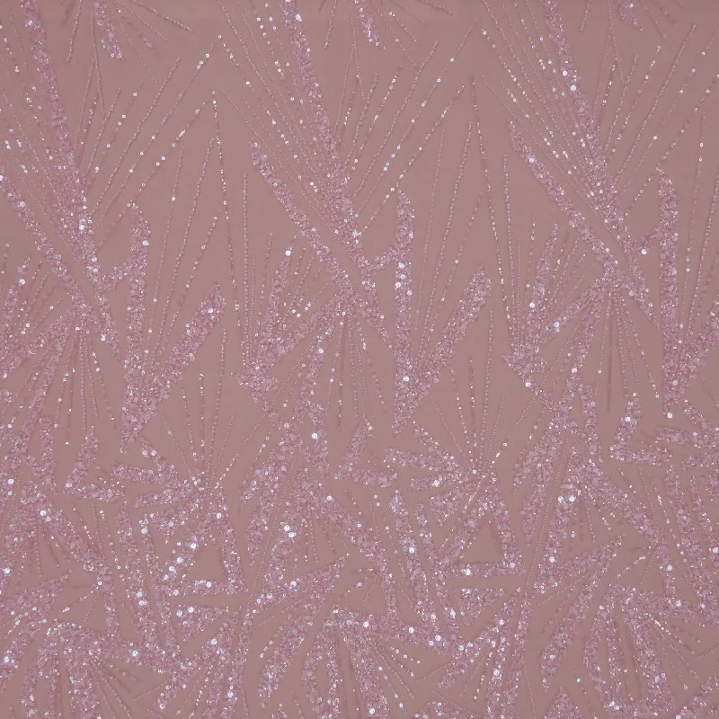 Light Pink Modern Sequins and Beads on Embroidered Tulle Fabric