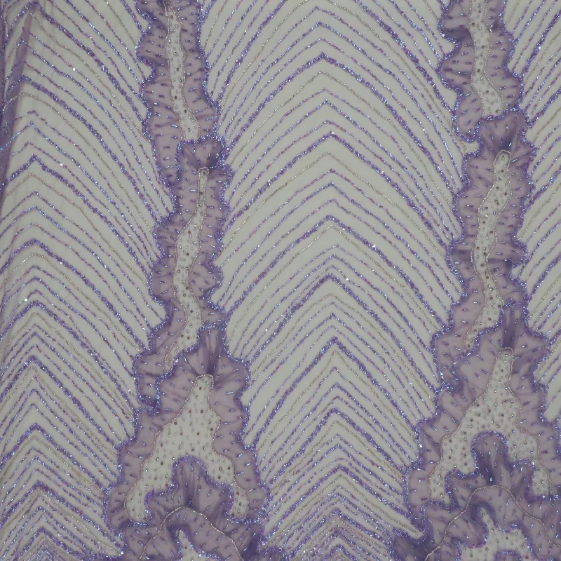 Mauve Bugle Beads and Sequins Embroidered Tulle Fabric