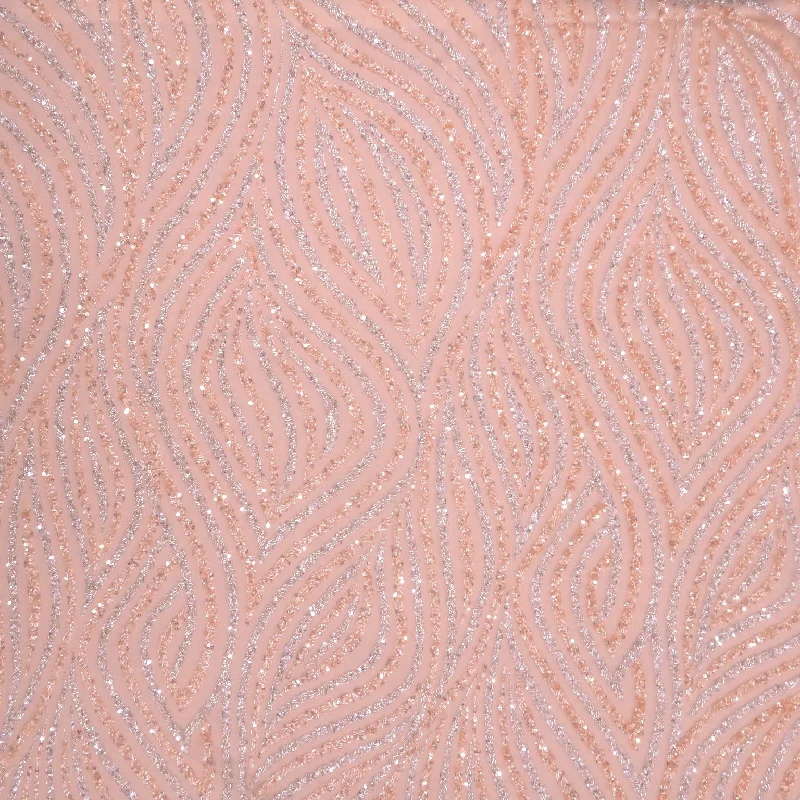 Peach and Silver Bugle Beads and Sequins Waves Embroidered Tulle Fabric