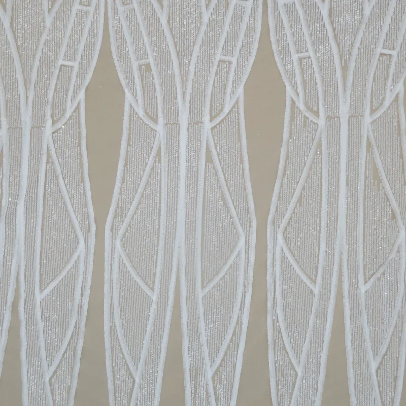 White Abstract Sequins Modern Embroidered Tulle Fabric