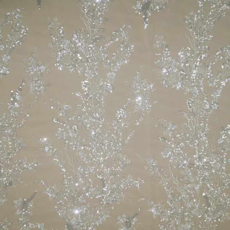 White and Silver Sequins and Glitter Branches Embroidered Tulle Fabric