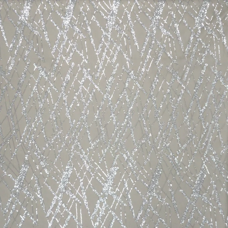 White Bugle Beads and Sequins Lattice on Embroidered Tulle Fabric