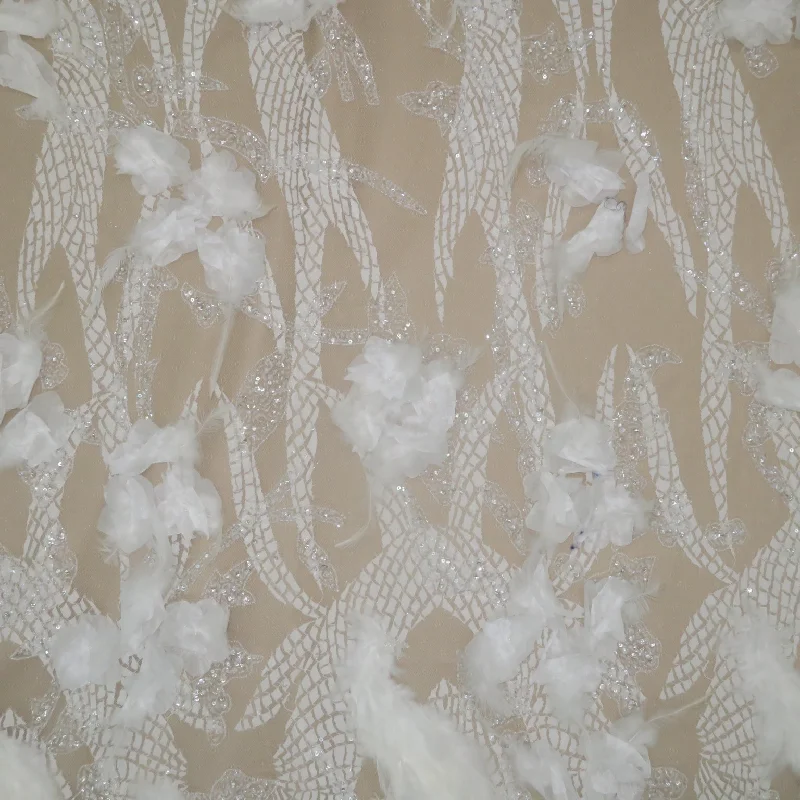 White Sequins and Bugle Beads with Feathers Embroidered Tulle Fabric