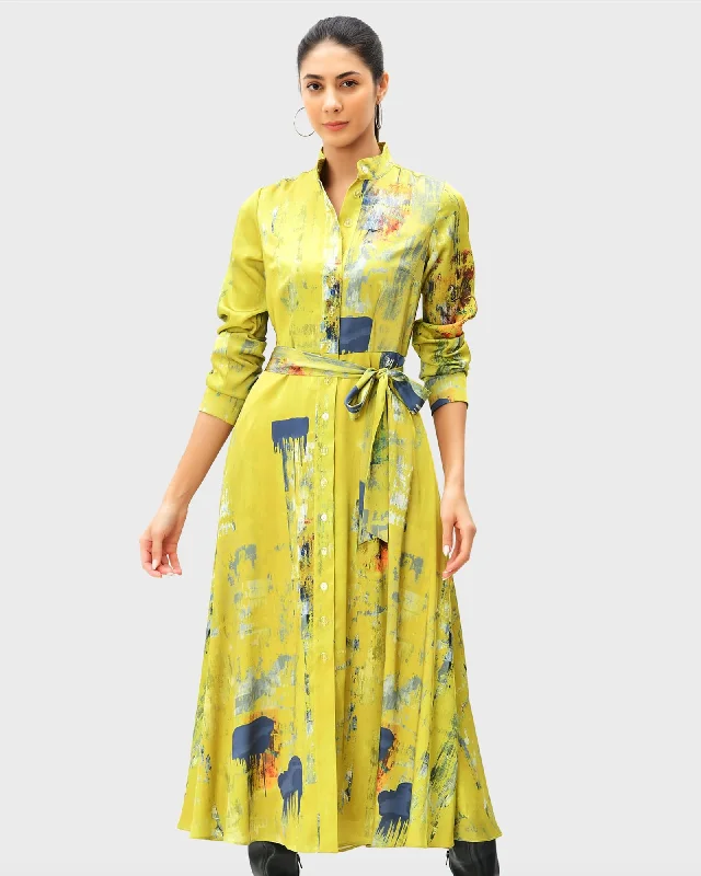 Abstract art print satin A-line shirt dress | Yellow multi