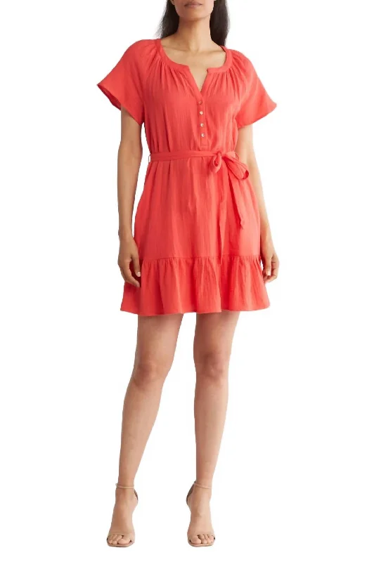 Cotton Gauze Shirt Sleeve Belted Dress In Flame