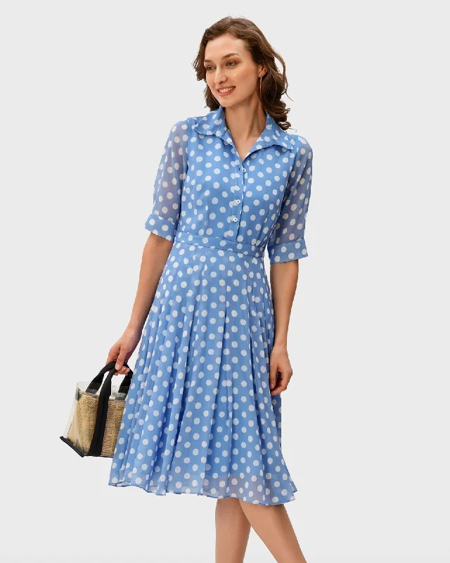 Polka dot print georgette shirtdress | Blue