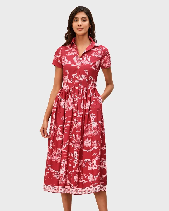 Toile print crepe fit-and-flare shirtdress | Coral red