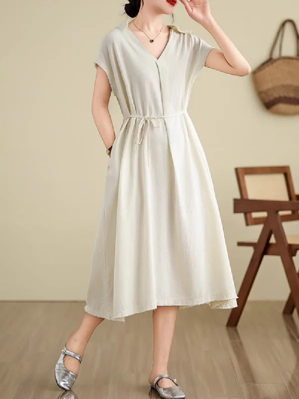 Women's Summer Loose Lazy Stylish V-neck Collar Shirt Dress